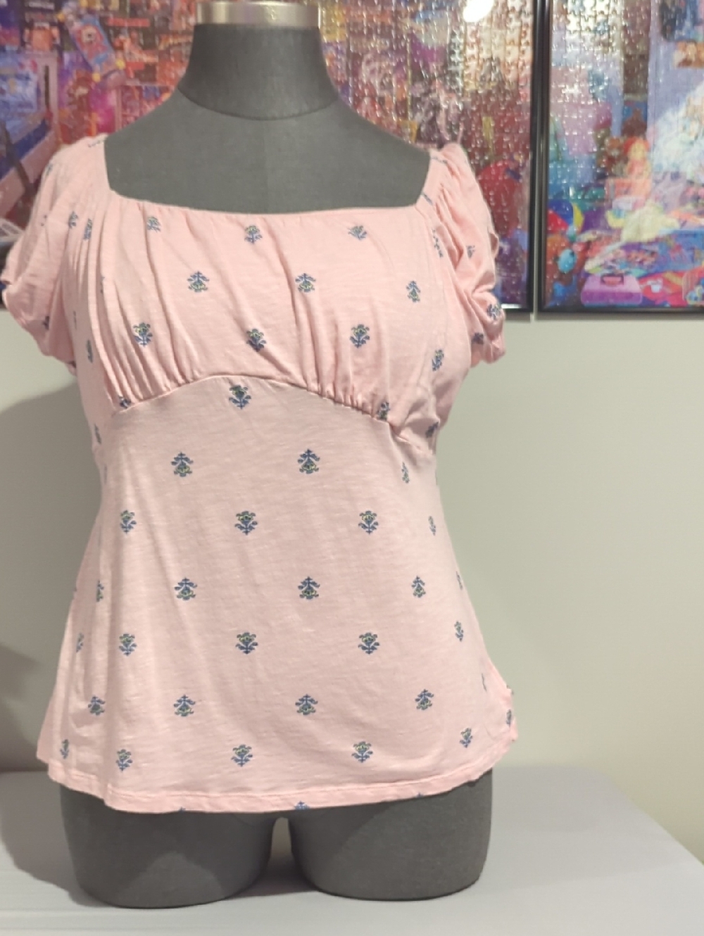 torrid Pink Short Sleeve Square Neck Blouse with Blue Floral Motif
